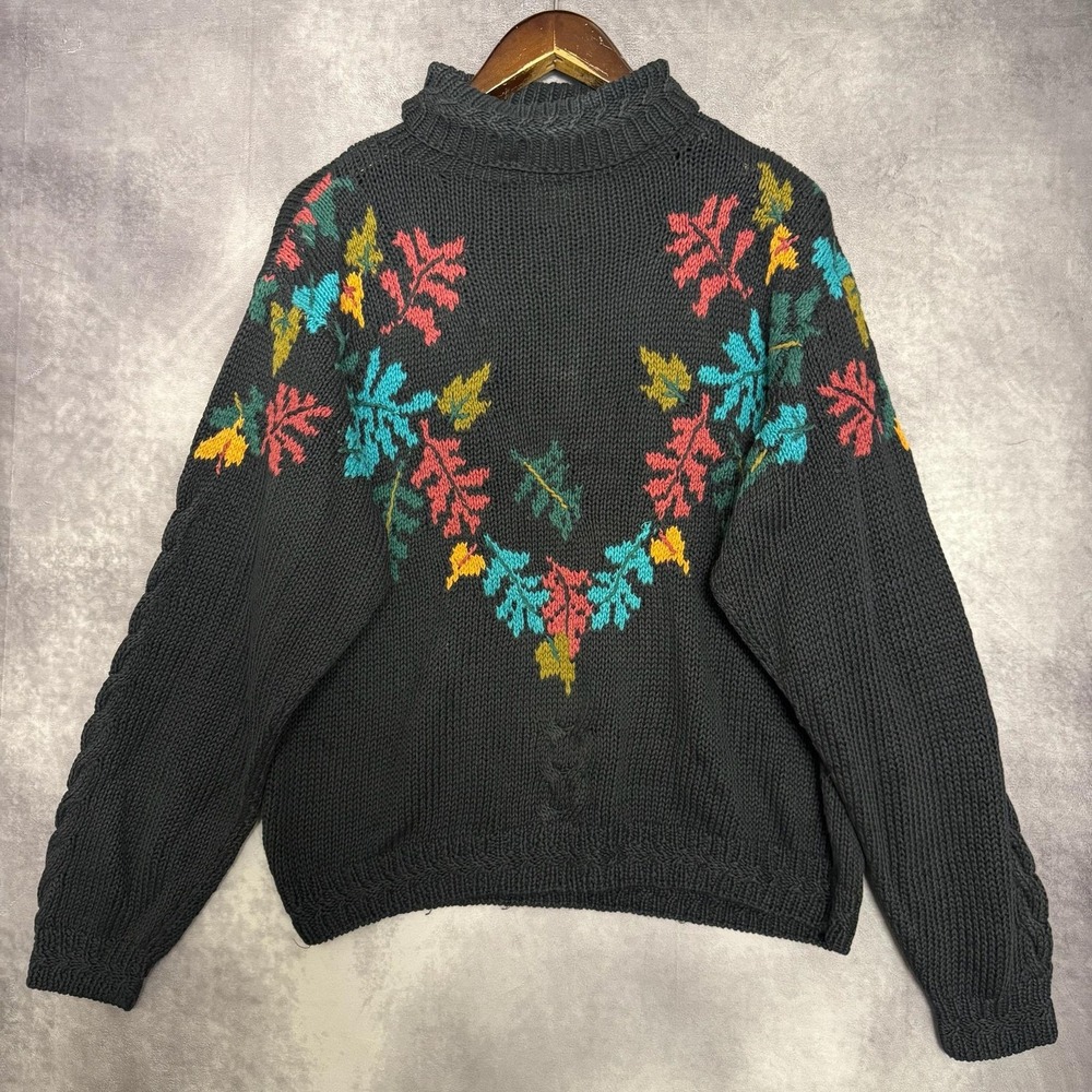 Vintage Woolrich Sweater Women Size Large Black Floral Leaf Mock Neck Knit